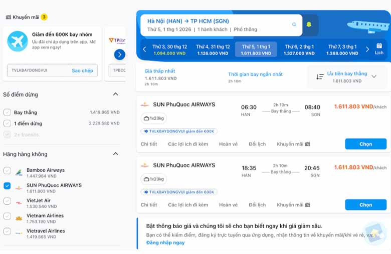 Hướng dẫn check giá vé và săn vé máy bay rẻ SUN PhuQuoc Airways